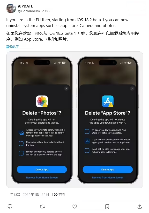 瓦房店苹果手机维修分享iOS 18.2 支持删除 App Store 应用商店 