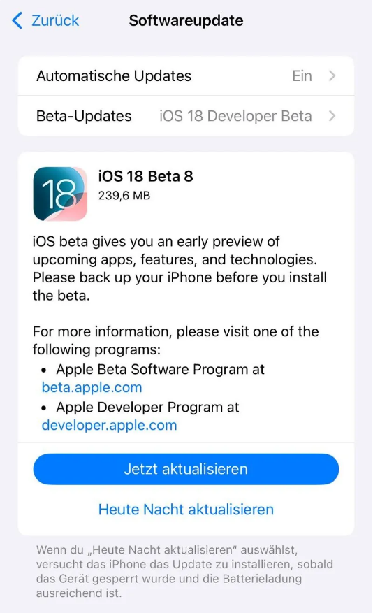 瓦房店苹果手机维修分享苹果 iOS / iPadOS 18 开发者预览版 Beta 8 发布 